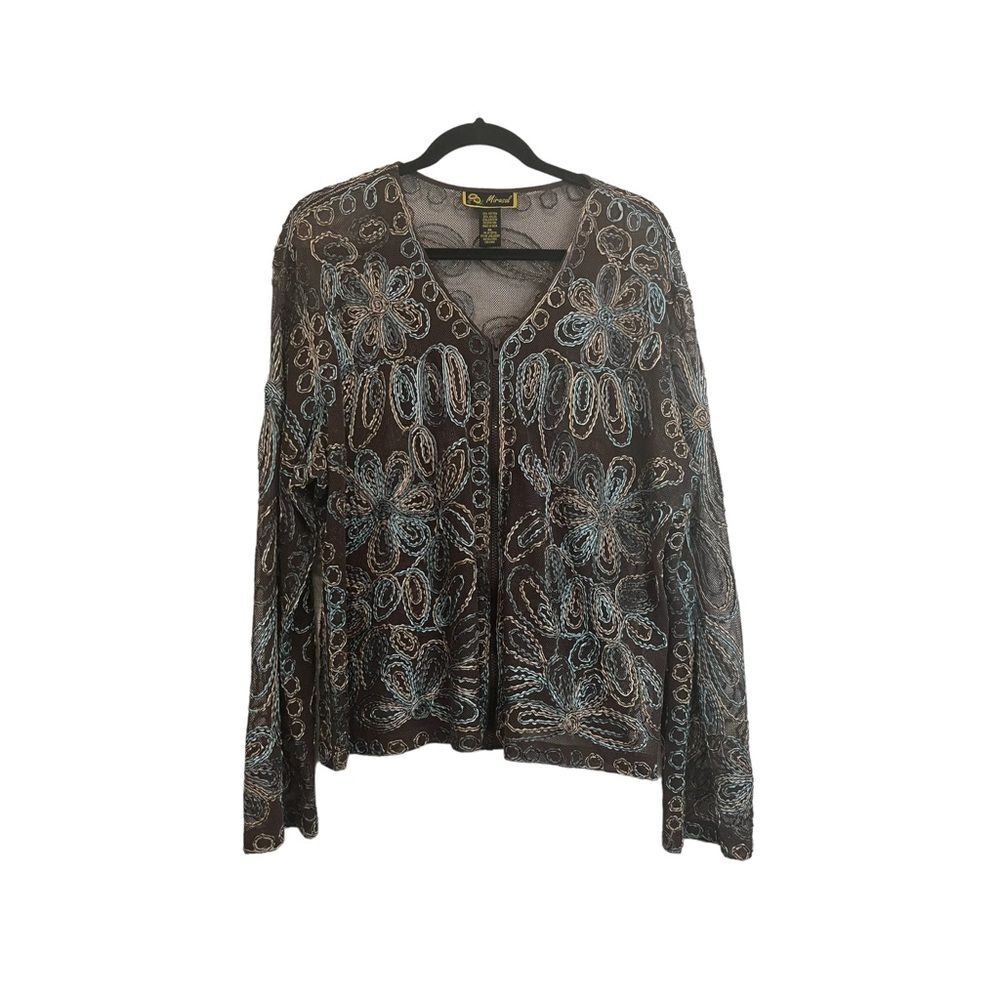 Mirasol Floral Embroidered Applique Full Zip Mesh Net Long Sleeve Top Womens XL